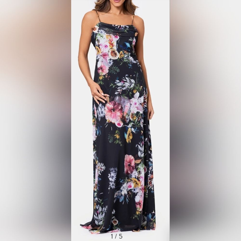 Betsy & Adam Petite Floral Print Cowl Neck Gown NWT Size 8P Black And Pink